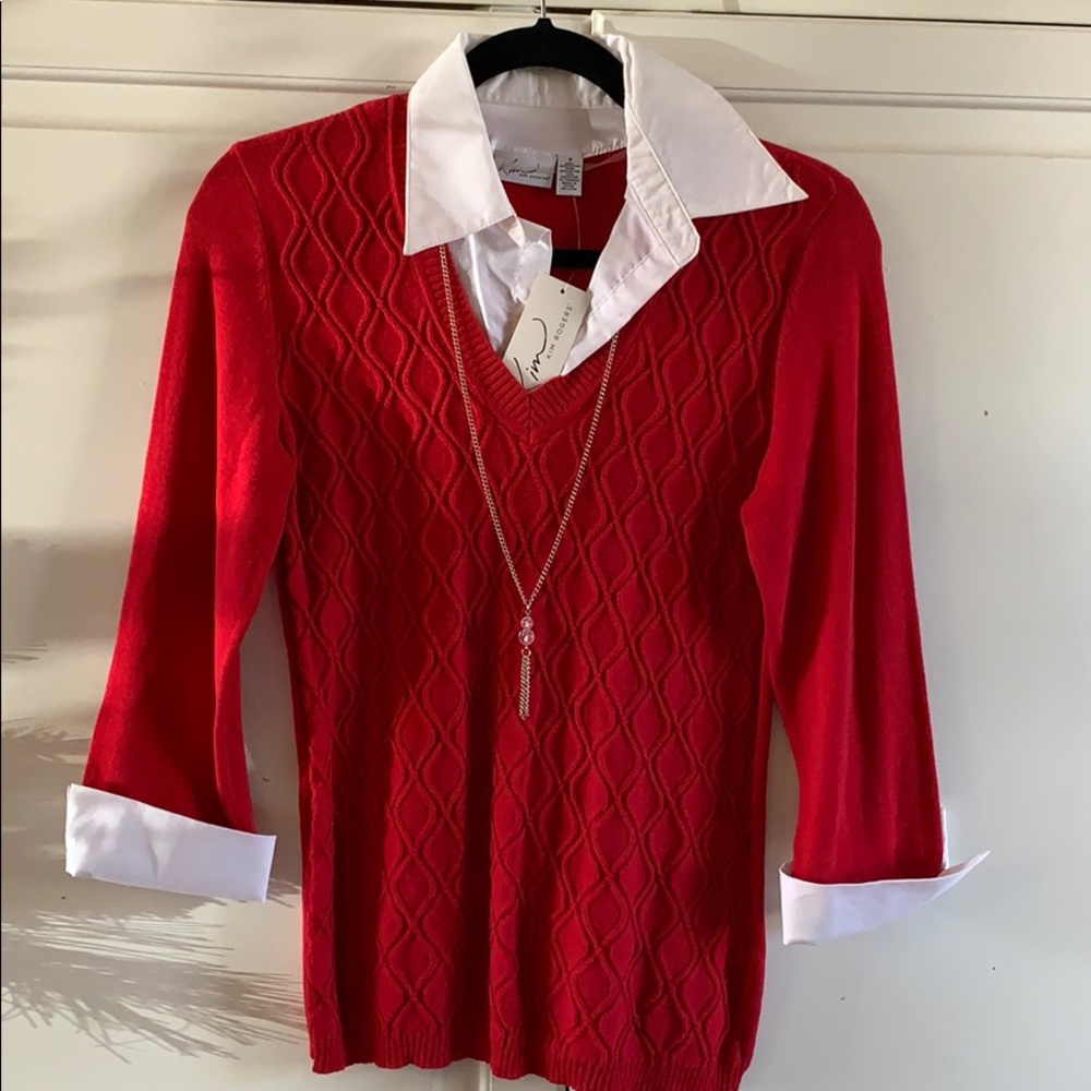 Kim Rogers red sweater with necklace